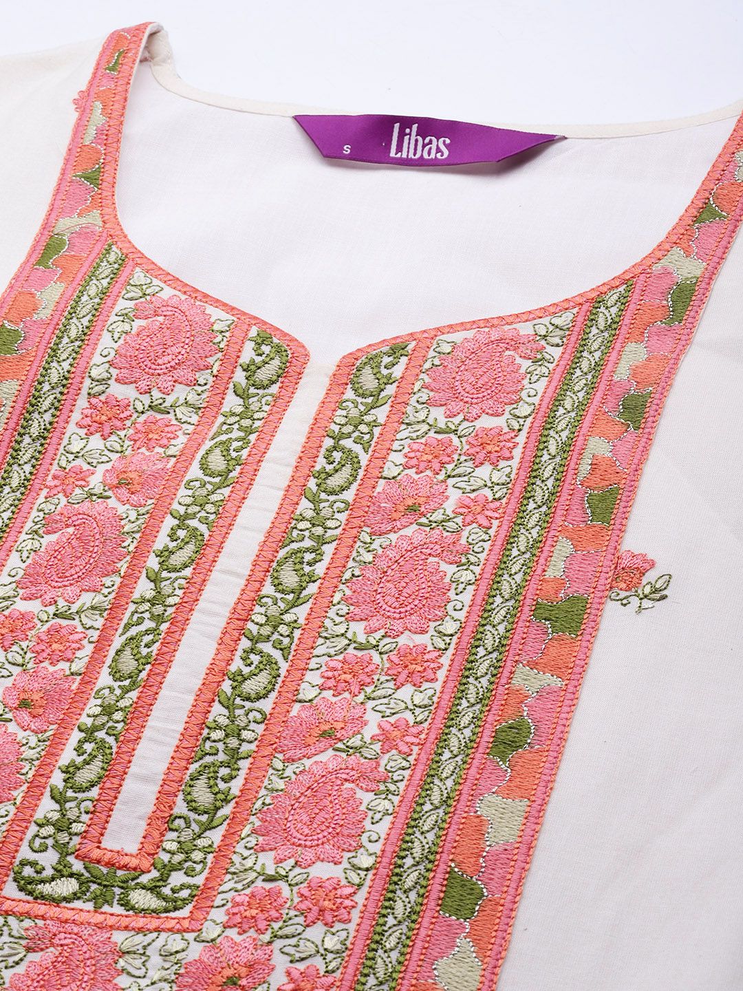 Libas Women Off White & Pink Cotton Floral Thread Work Kurta with Palazzos & Dupatta