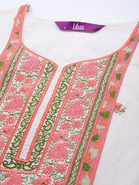 Libas Women Off White & Pink Cotton Floral Thread Work Kurta with Palazzos & Dupatta