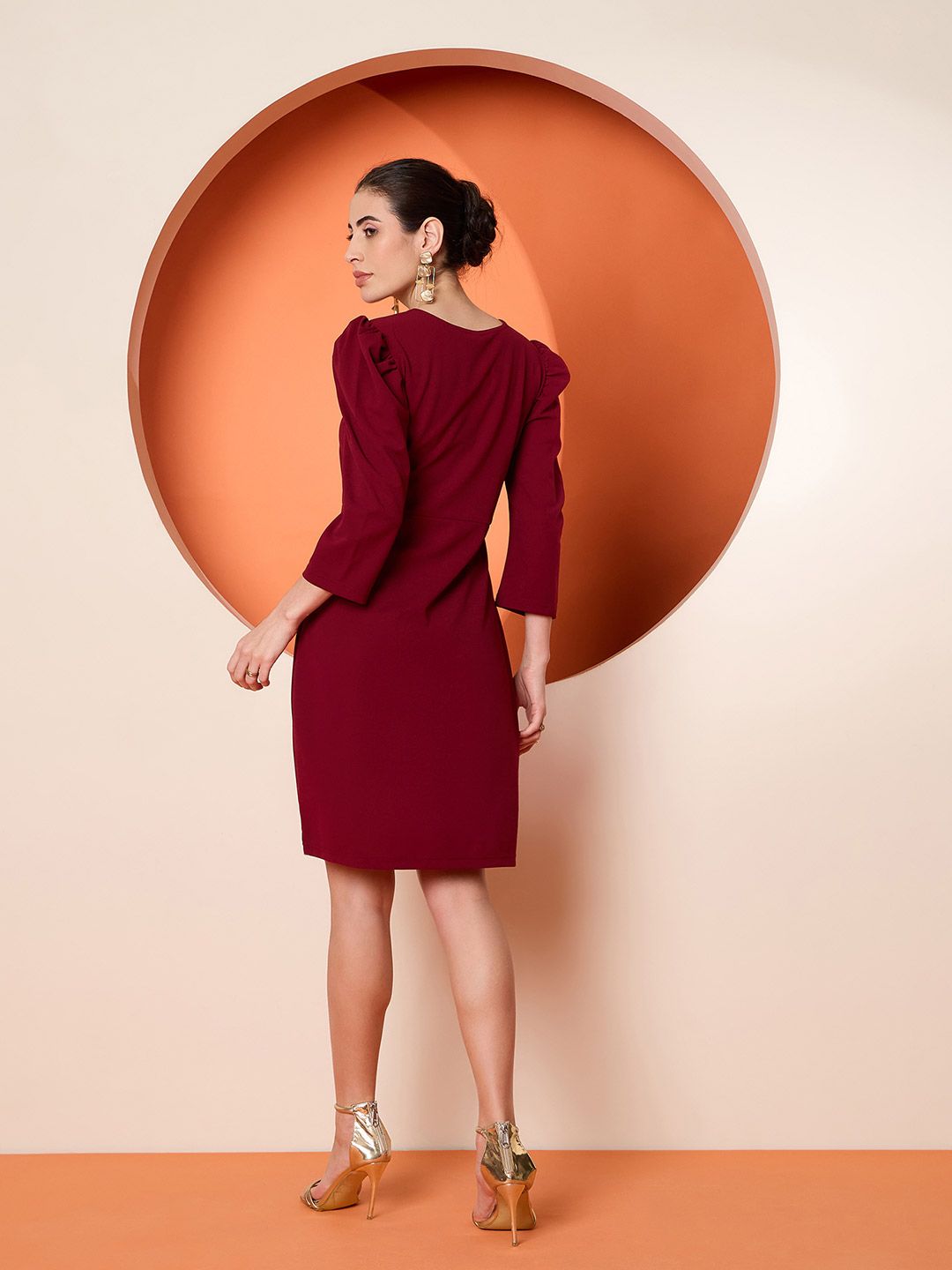 Antheaa Red Round Neck Puff Sleeves Sequinned A Line Dress