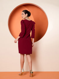 Antheaa Red Round Neck Puff Sleeves Sequinned A Line Dress