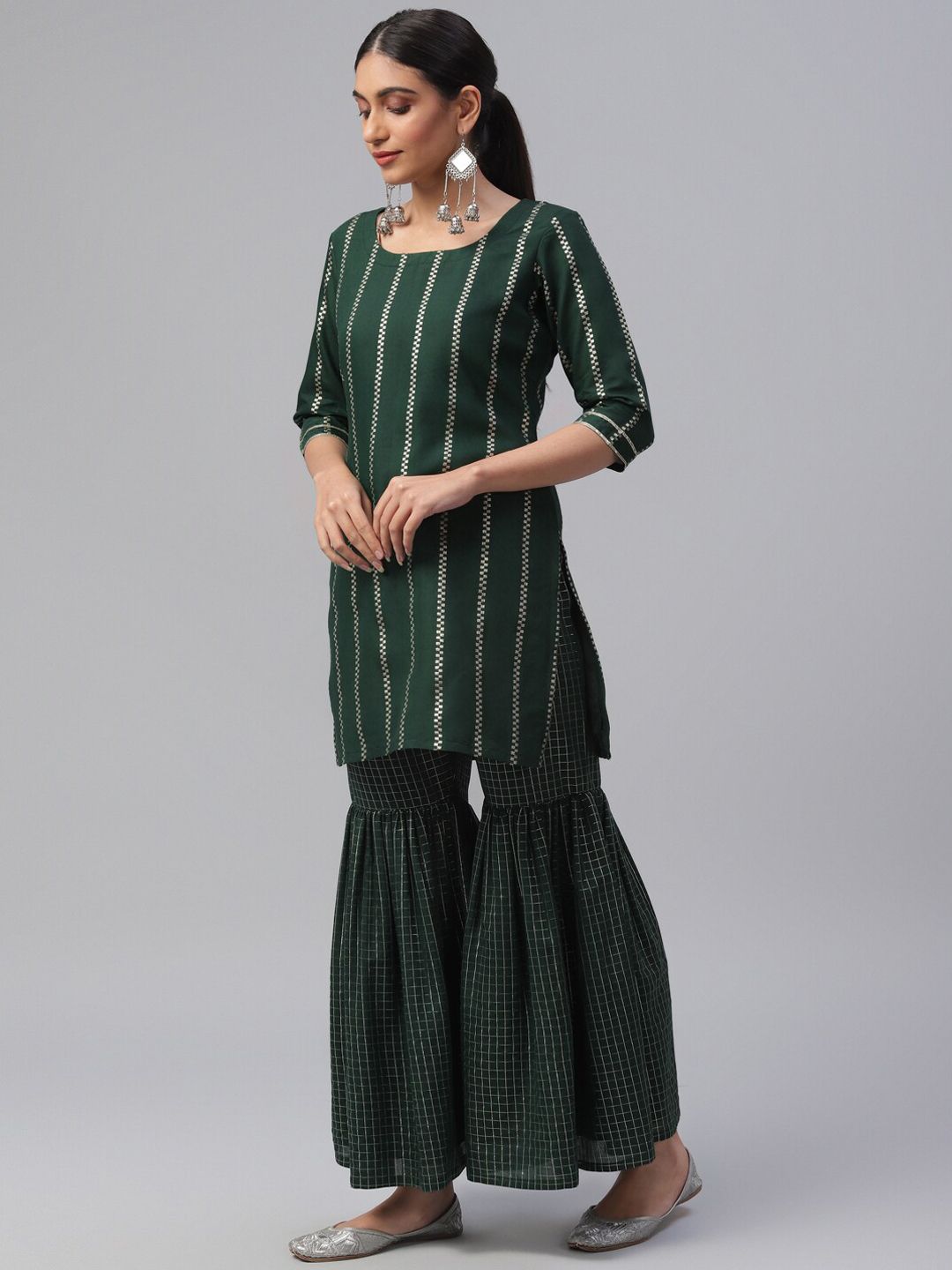 Libas Green Striped Kurti With Sharara & Dupatta