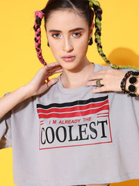 STREET 9 Women Grey Printed Cotton Drop-Shoulder Sleeves Bio Finish Boxy T-shirt