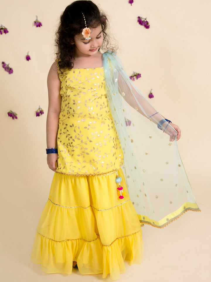 pspeaches Girls Yellow Embroidered Kurti with Sharara & With Dupatta