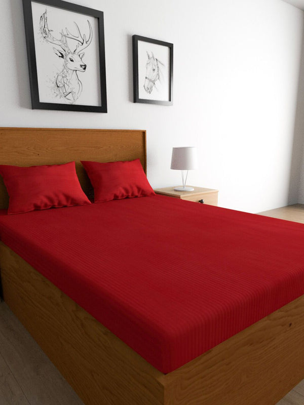 TEAL BY CHUMBAK Maroon Striped Satin 210 TC Queen Bedsheet with 2 Pillow Covers