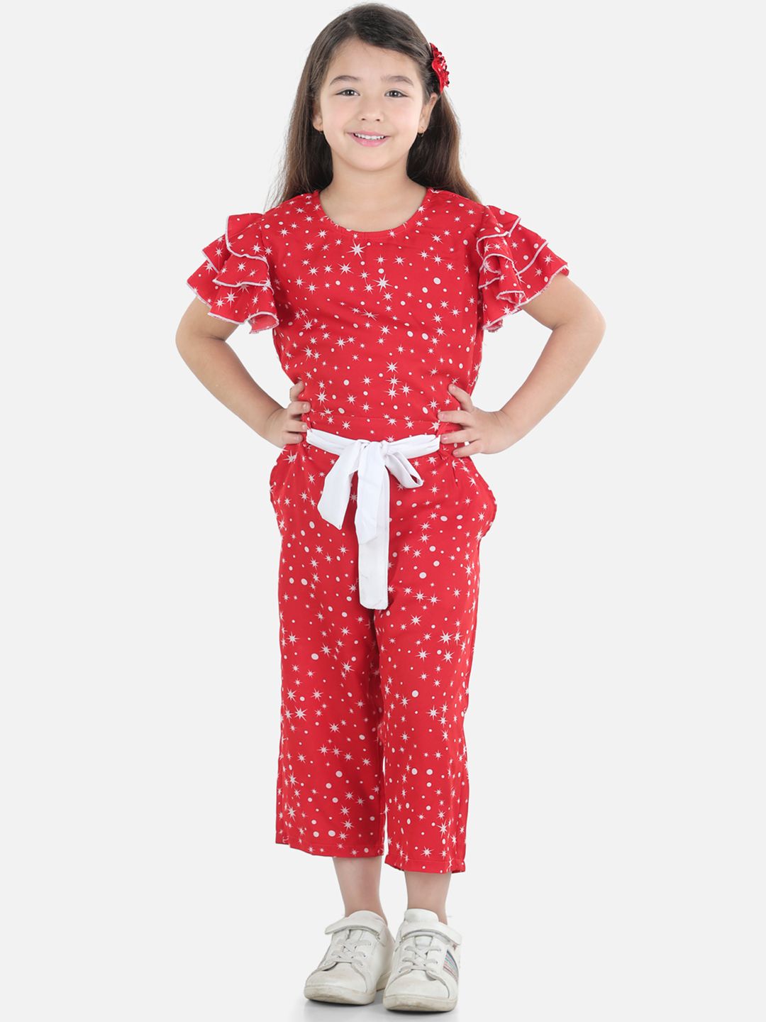 Cutiekins Girls Red & White Printed Basic Jumpsuit
