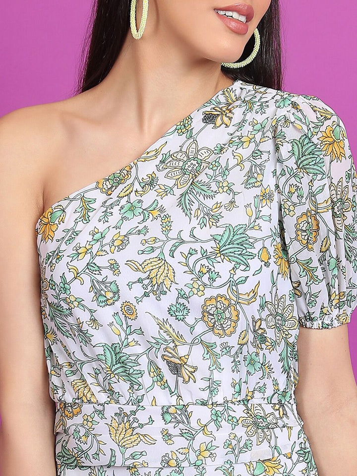 Tokyo Talkies Green & Yellow Floral Printed One Shoulder Gathered Sheath Mini Dress