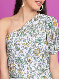 Tokyo Talkies Green & Yellow Floral Printed One Shoulder Gathered Sheath Mini Dress