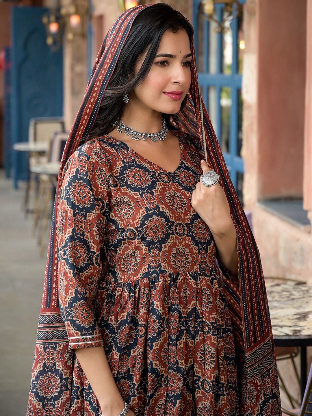 KALINI Ethnic Motifs Printed V-Neck Thread Work A-Line Kurta With Trousers & Dupatta