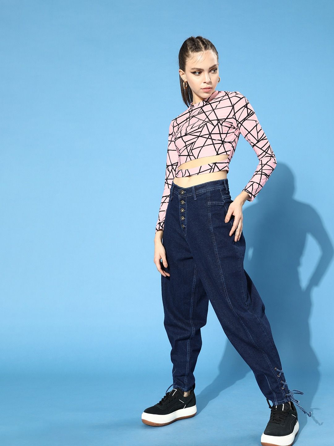 STREET 9 Women Pretty Pink Geometric Cropped Top