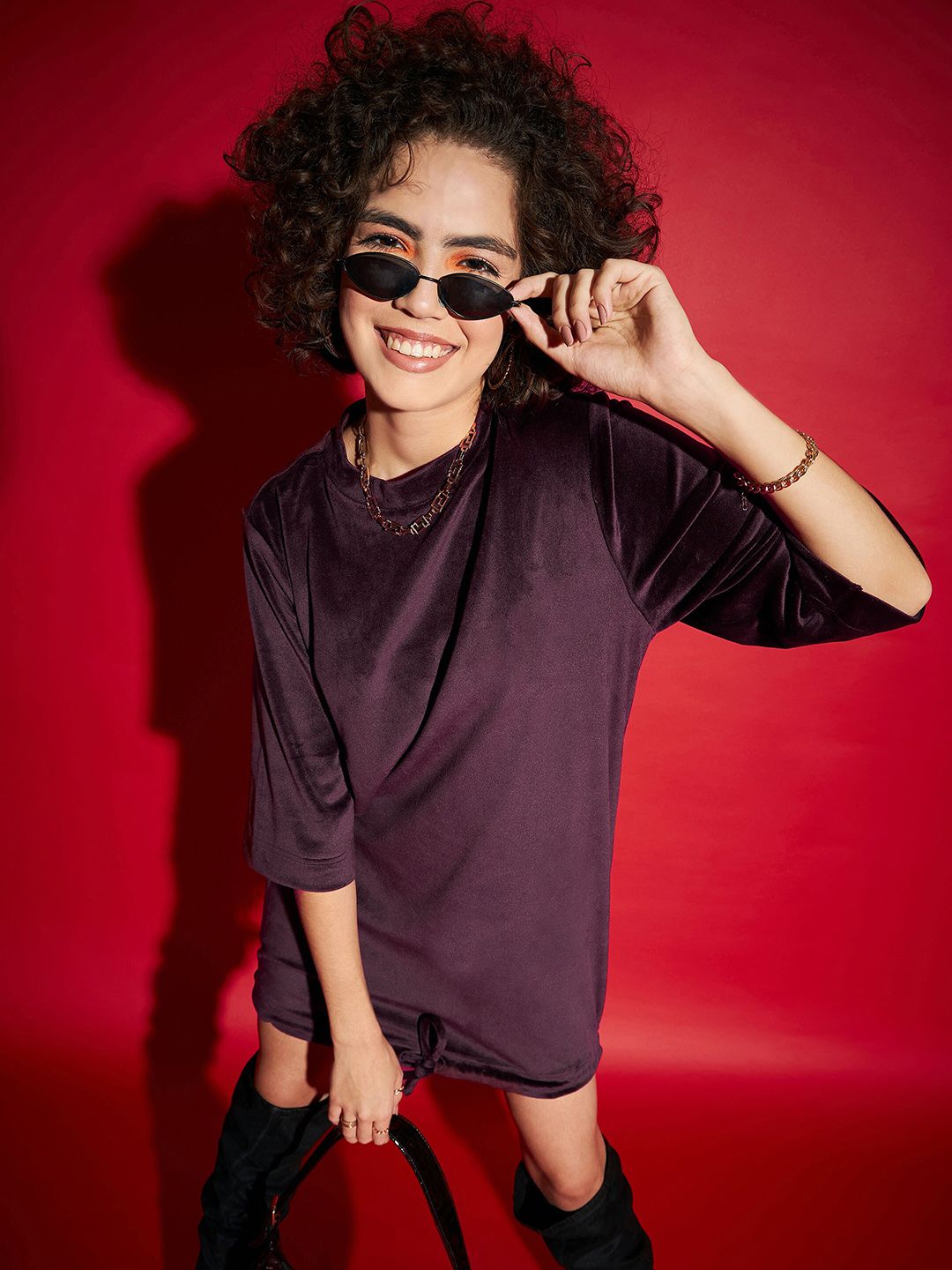 SASSAFRAS Velvet Maroon Tie Up Hem Sheath Dress