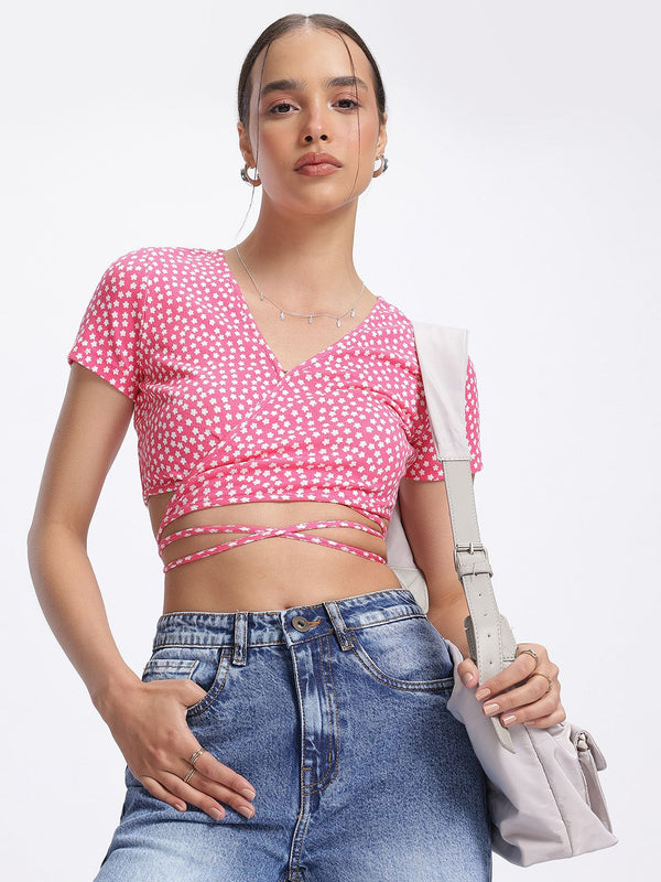 DressBerry Ditsy Flower Prints Ribbed Tie-Up Detail Front-Open Crop Wrap Top