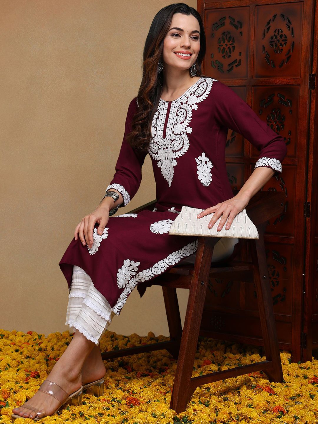 KALINI Floral Embroidered Thread Work Straight Kurta
