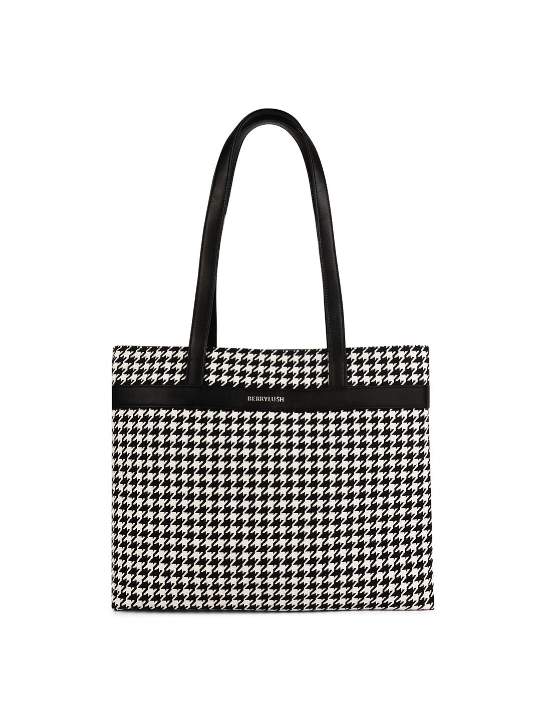 Berrylush Black Self Design Shopper Tote Bag