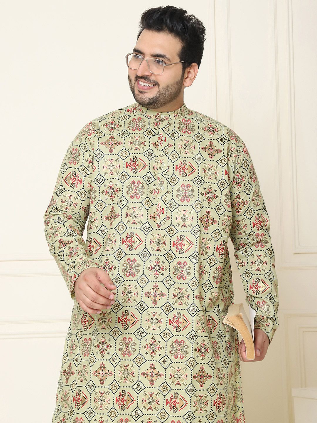 SOJANYA PLUS Ethnic Motifs Printed Band Collar Straight Cotton Linen Kurta