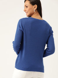 DressBerry Women Blue Ribbed Pullover