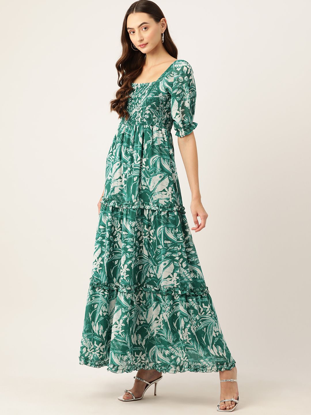DressBerry Floral Print Puff Sleeves Smocked Tiered Maxi Dress
