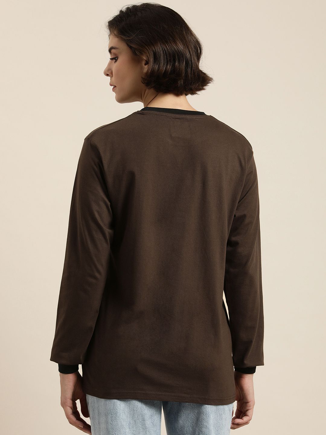 DILLINGER Women Coffee Brown Typography Printed Pure Cotton Loose T-shirt