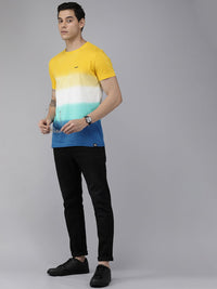THE BEAR HOUSE Men Yellow & Blue Pure Cotton Tie and Dye Printed Slim Fit T-shirt