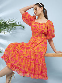 Antheaa Yellow Floral Printed Square Neck Puff Sleeve Chiffon Fit & Flare Midi Dress