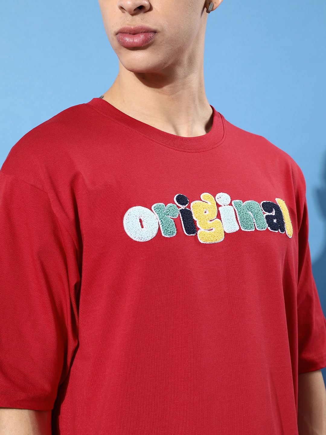 Difference of Opinion Men Red Typography Embroidered Oversized Pure Cotton Longline T-shirt