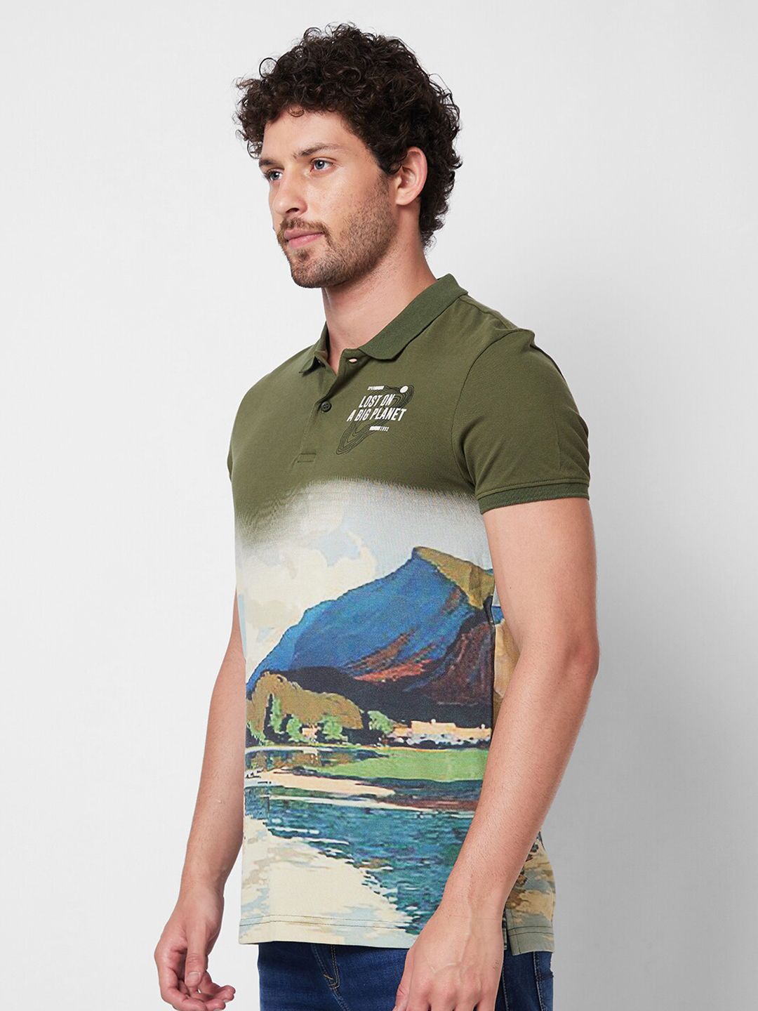 SPYKAR Graphic Printed Polo Collar Pure Cotton Slim Fit T-shirt