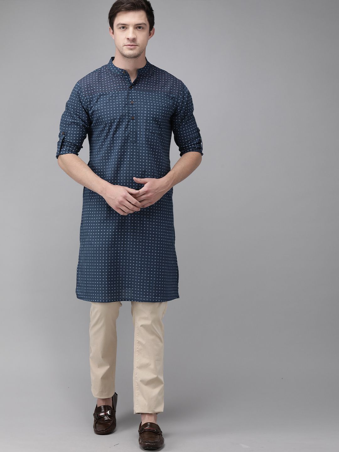 Anouk Men Navy Blue Polka Dot Printed Straight Kurta