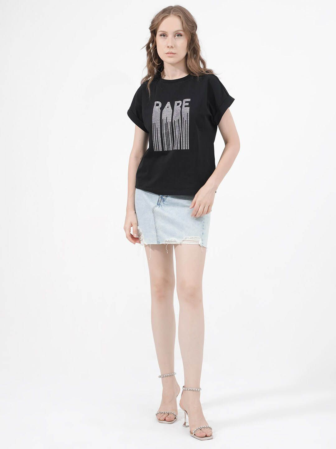 RAREISM BOCATO Graphic Printed Extended Sleeves Cotton Crop T-shirt