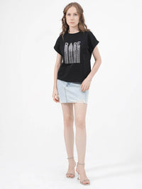 RAREISM BOCATO Graphic Printed Extended Sleeves Cotton Crop T-shirt