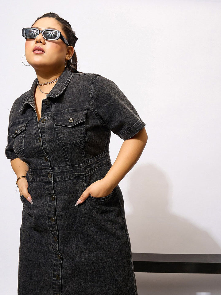 SASSAFRAS Curve Plus Size Shirt Collar Acid Wash Denim Shirt Midi Dress