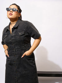 SASSAFRAS Curve Plus Size Shirt Collar Acid Wash Denim Shirt Midi Dress