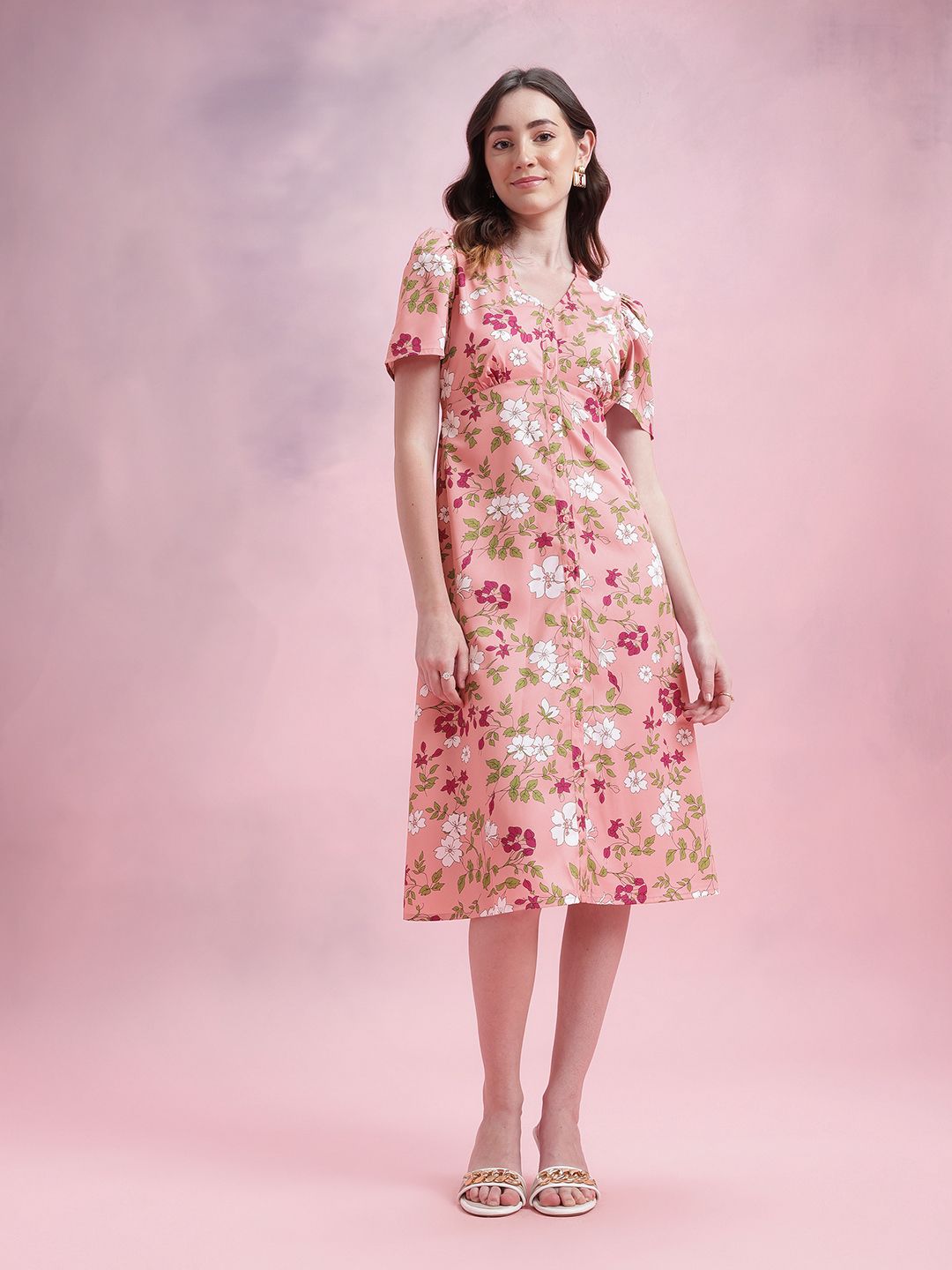 DressBerry Floral Print Puff Sleeves A-Line Midi Dress with Mock Buttons