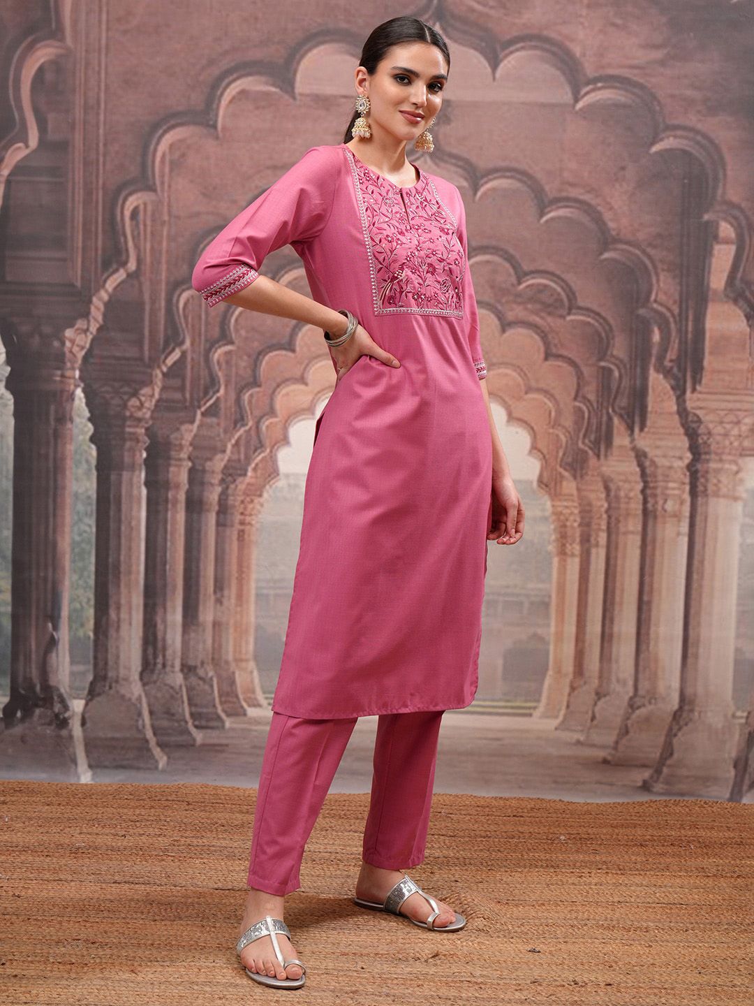 Vishudh Rose Embroidered Straight Kurta with Trouser & Dupatta