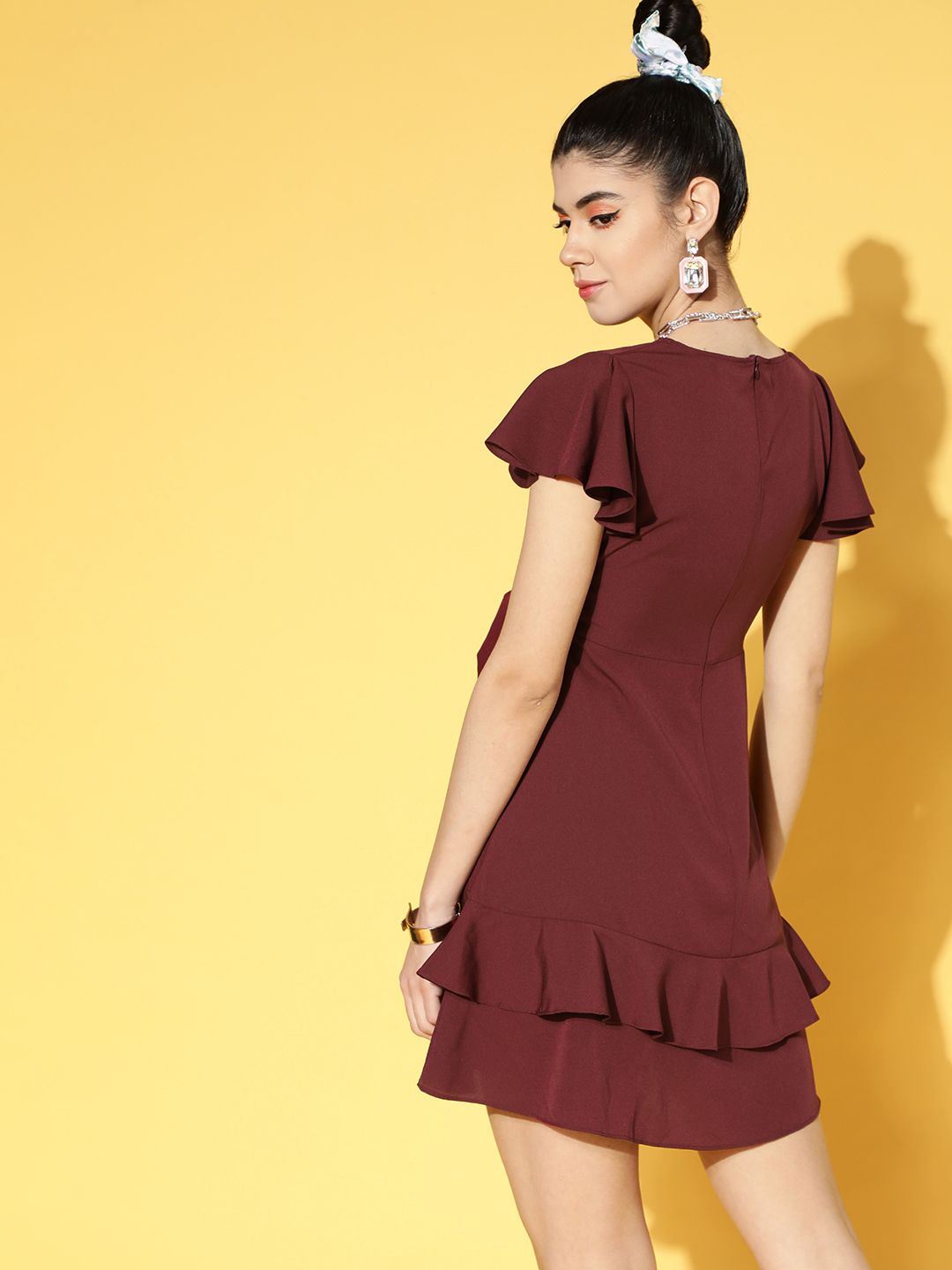 Berrylush Women Charming Maroon Solid Ruffled Dress