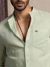 Thomas Scott Premium Cotton Linen Mandarin Collar Slim Fit Opaque Casual Shirt