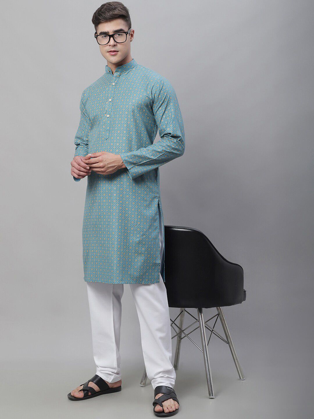 SOJANYA Men Geometric Printed Cotton Linen Kurta
