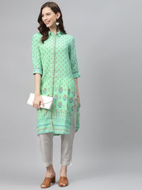 Global Desi Women Green & Red Printed A-Line Kurta