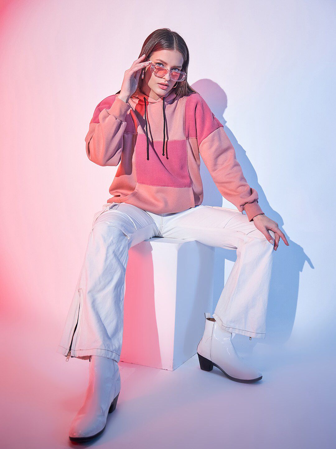 STREET 9 Colourblocked Hooded Pullover Sweatshirt