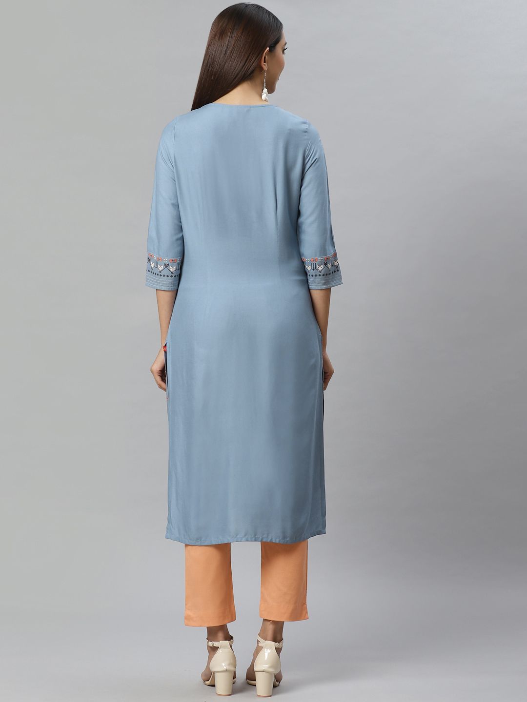 W Women Blue & Black Printed Straight Kurta