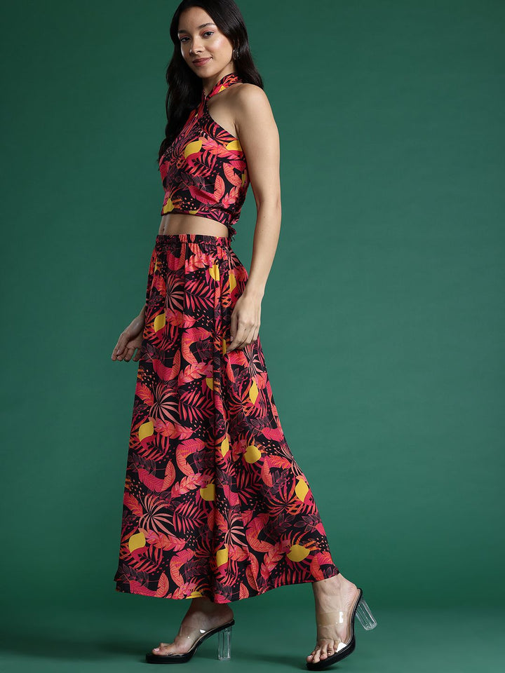 DressBerry Women Tropical Printed Smocked Top with Skirt Co-Ord Set