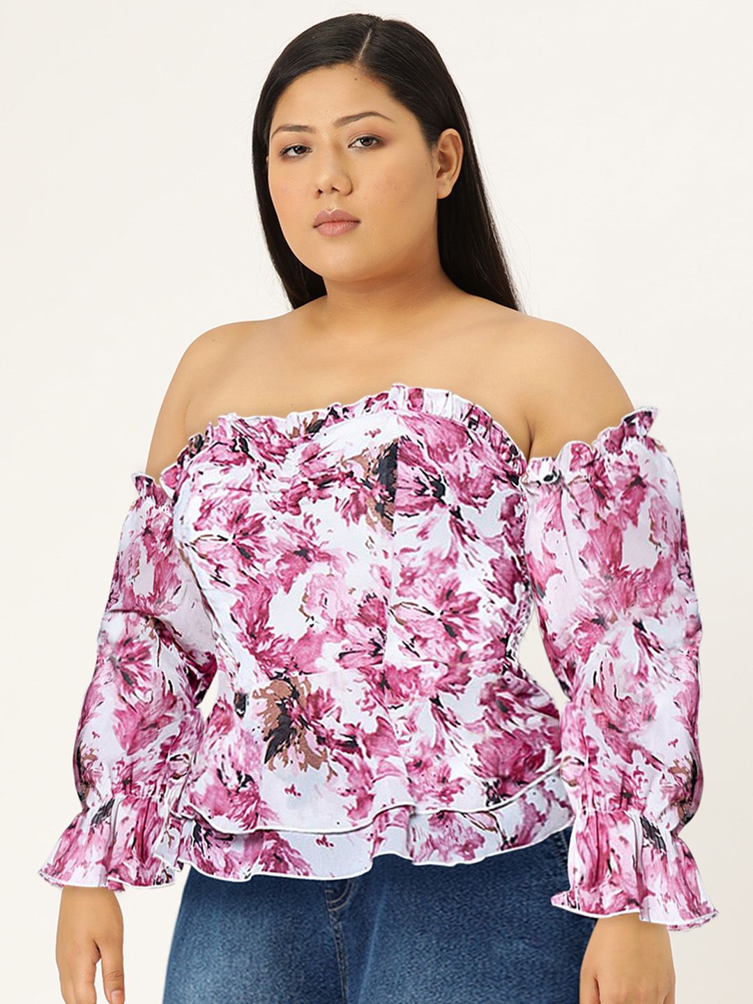 Berrylush Floral Printed Off-Shoulder Bell Sleeves Smocked Bardot Top
