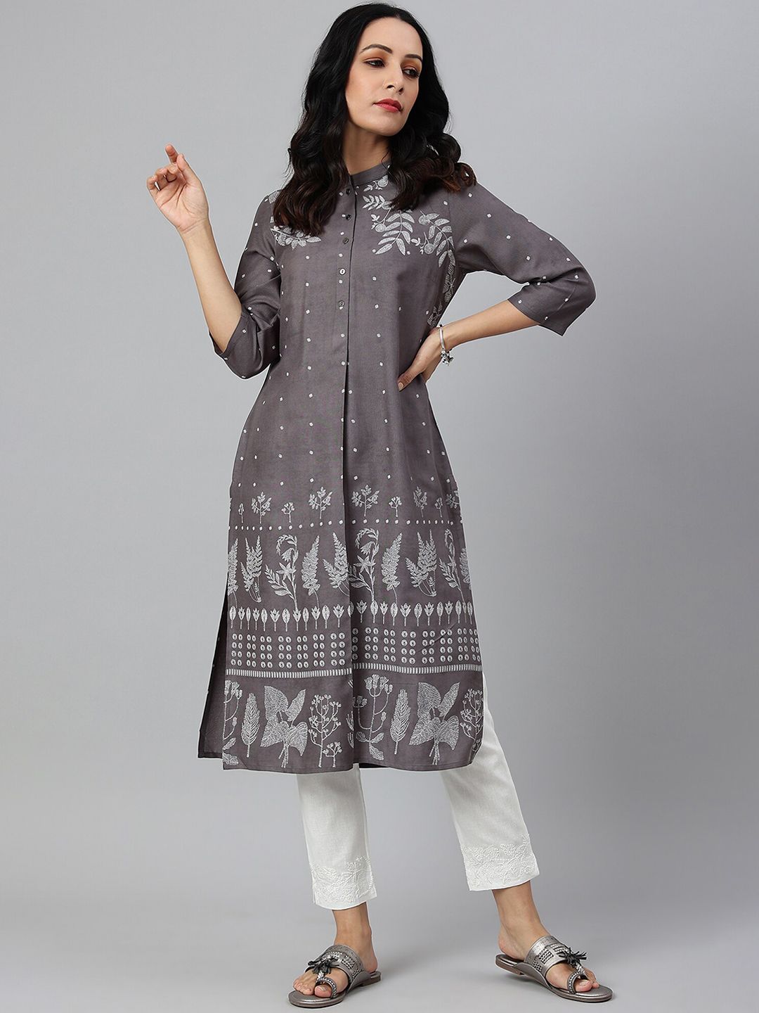 W Women Grey Floral Printed Handloom Kurta