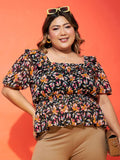 SASSAFRAS Curve Black Floral Print Puff Sleeve Georgette Cinched Waist Top