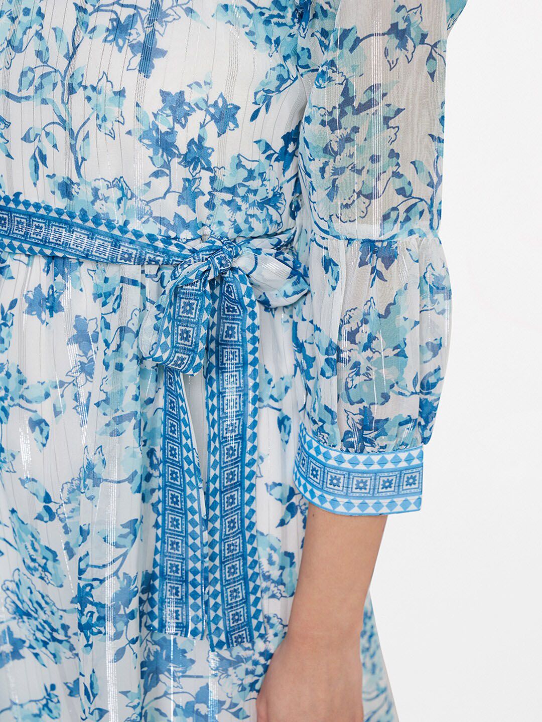 Global Desi Blue & White Floral A- Line Dress