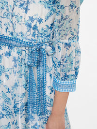 Global Desi Blue & White Floral A- Line Dress