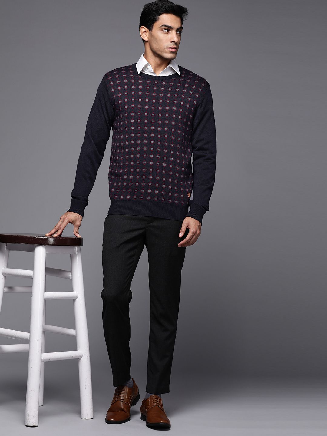 Raymond Men Navy Blue Geometric Pullover
