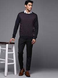 Raymond Men Navy Blue Geometric Pullover