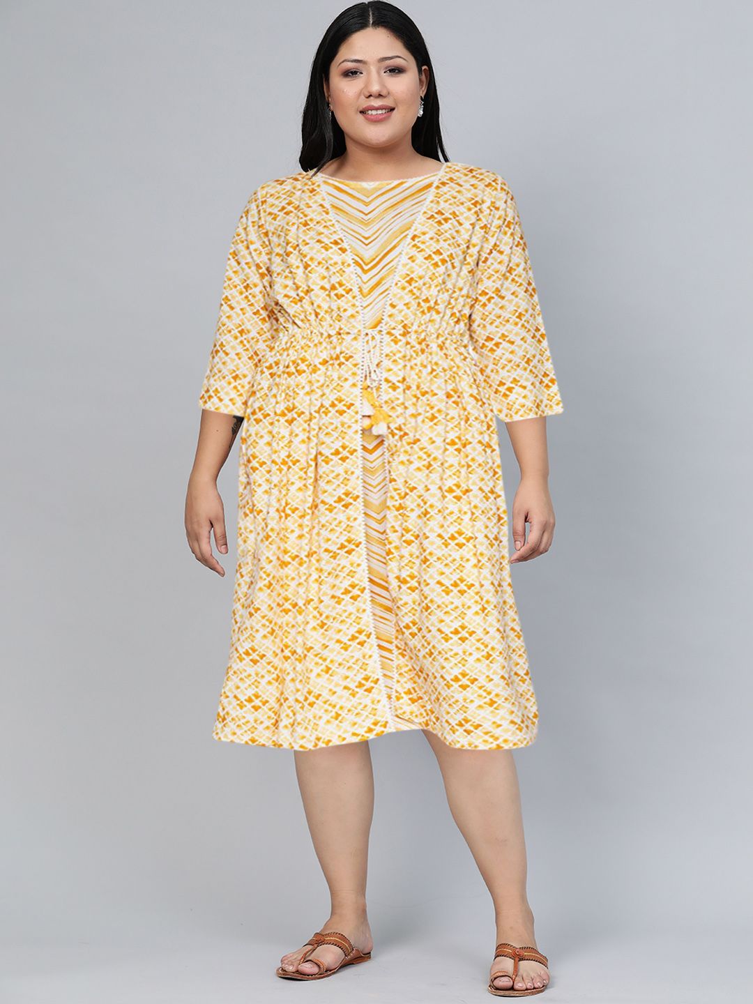 Global Desi Yellow Floral Layered A-Line Midi Dress