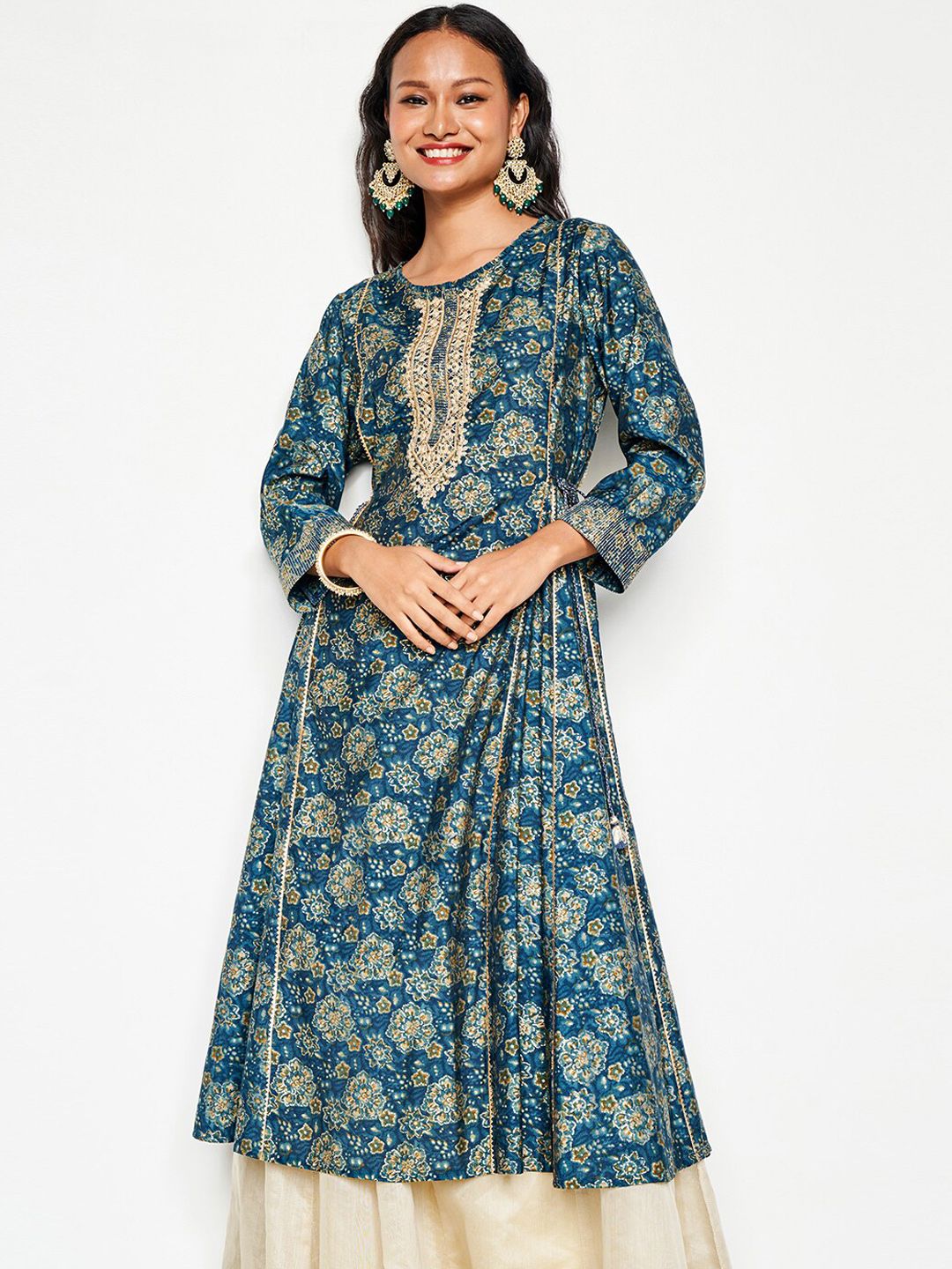Global Desi Ethnic Motifs Printed Mirror Work Pleated Anarkali Kurta