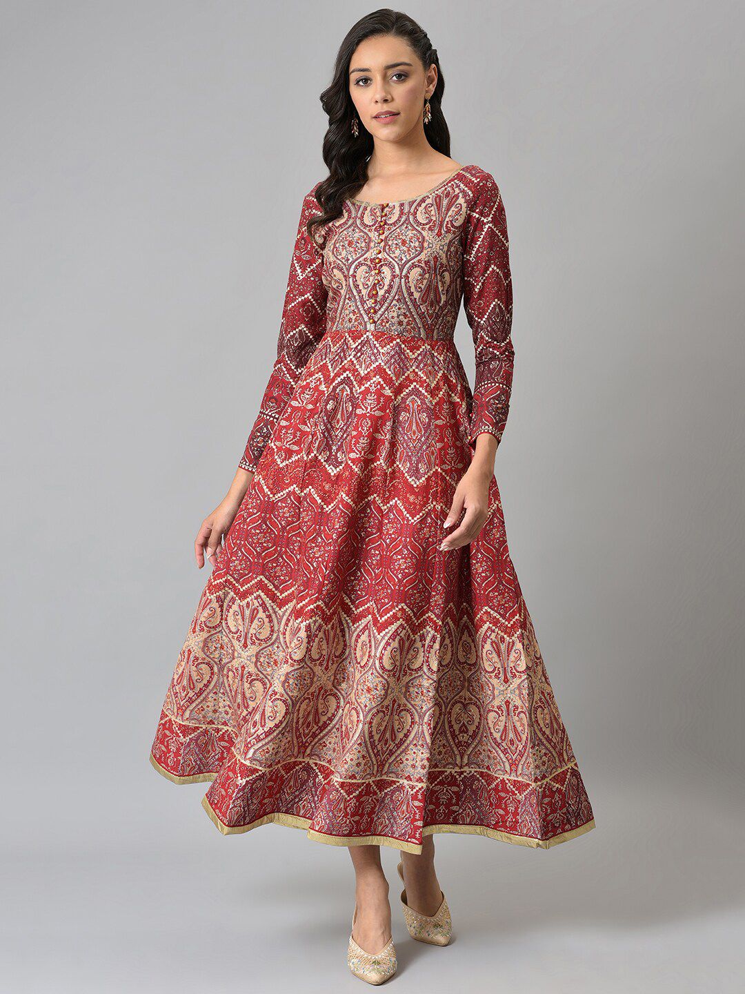W Maroon & Beige Ethnic Motifs Chiffon Ethnic Maxi Dress