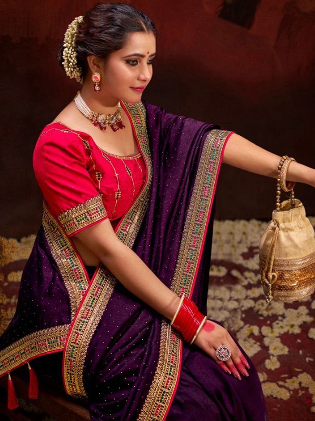 Saree mall Embellished Beads and Stones Silk Blend Sarees